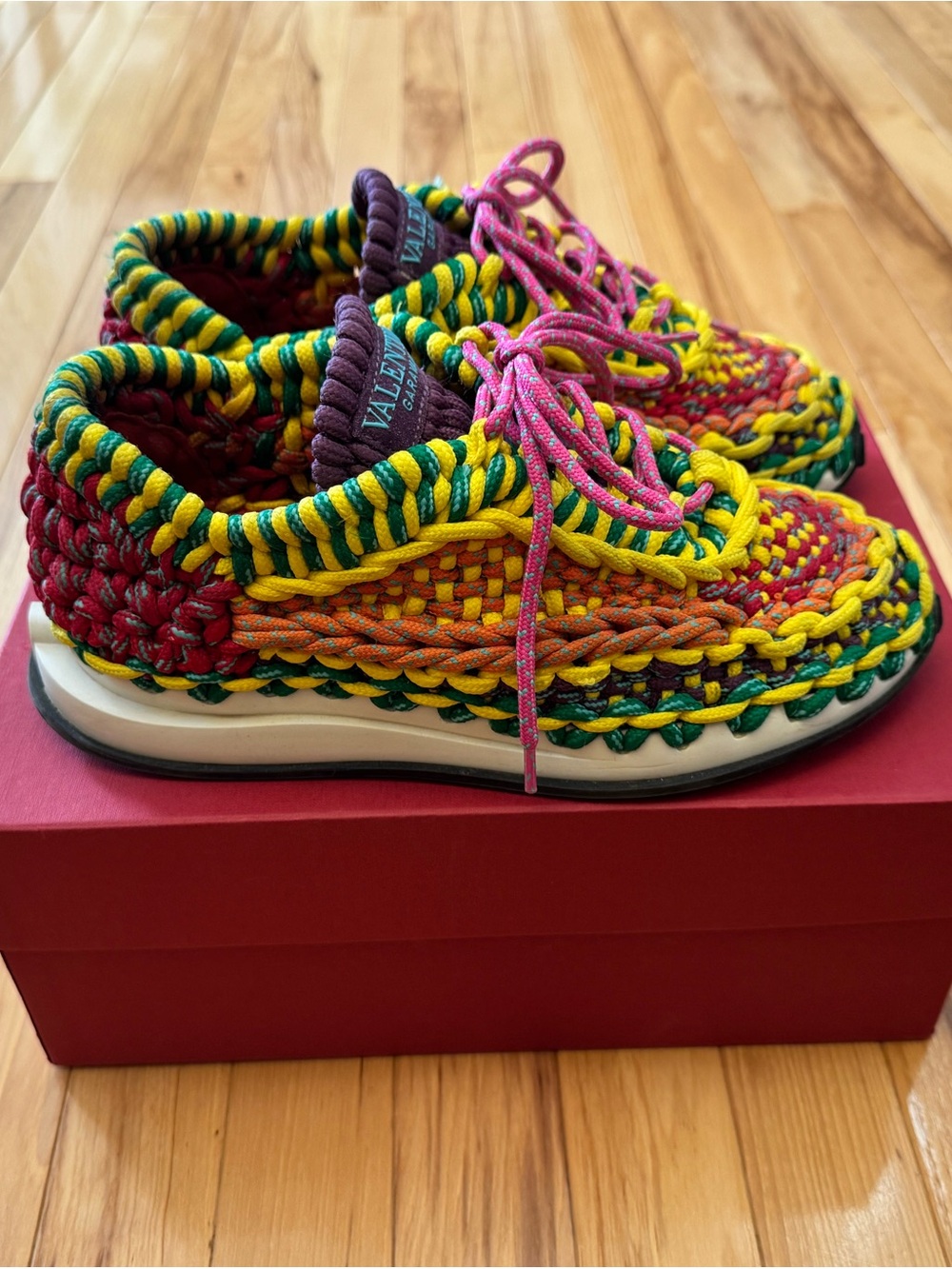 Valentino Garavani women Yellow Green Pink Woven Lace-Up Sneakers - Picture 2 of 4